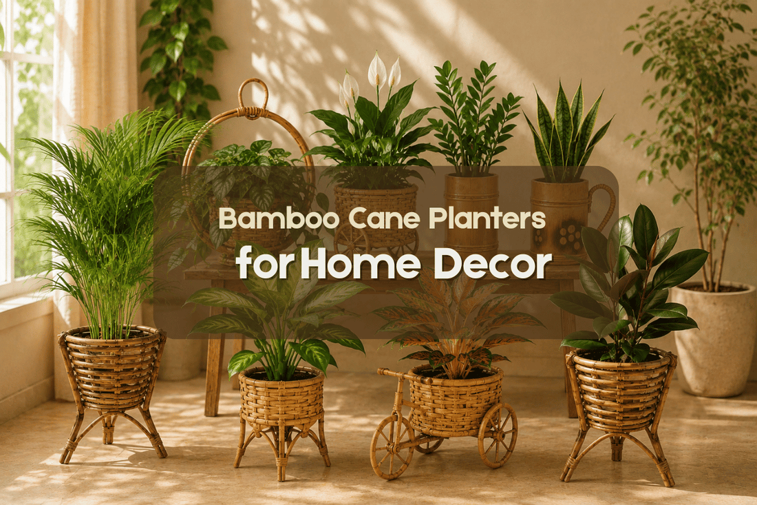 A collection of lush indoor plants arranged in stylish Bamboo Cane Planters for Home Decor, featuring woven bamboo baskets, bamboo mug planters, bicycle planters, and decorative cane stands in a warm, sunlit living room.