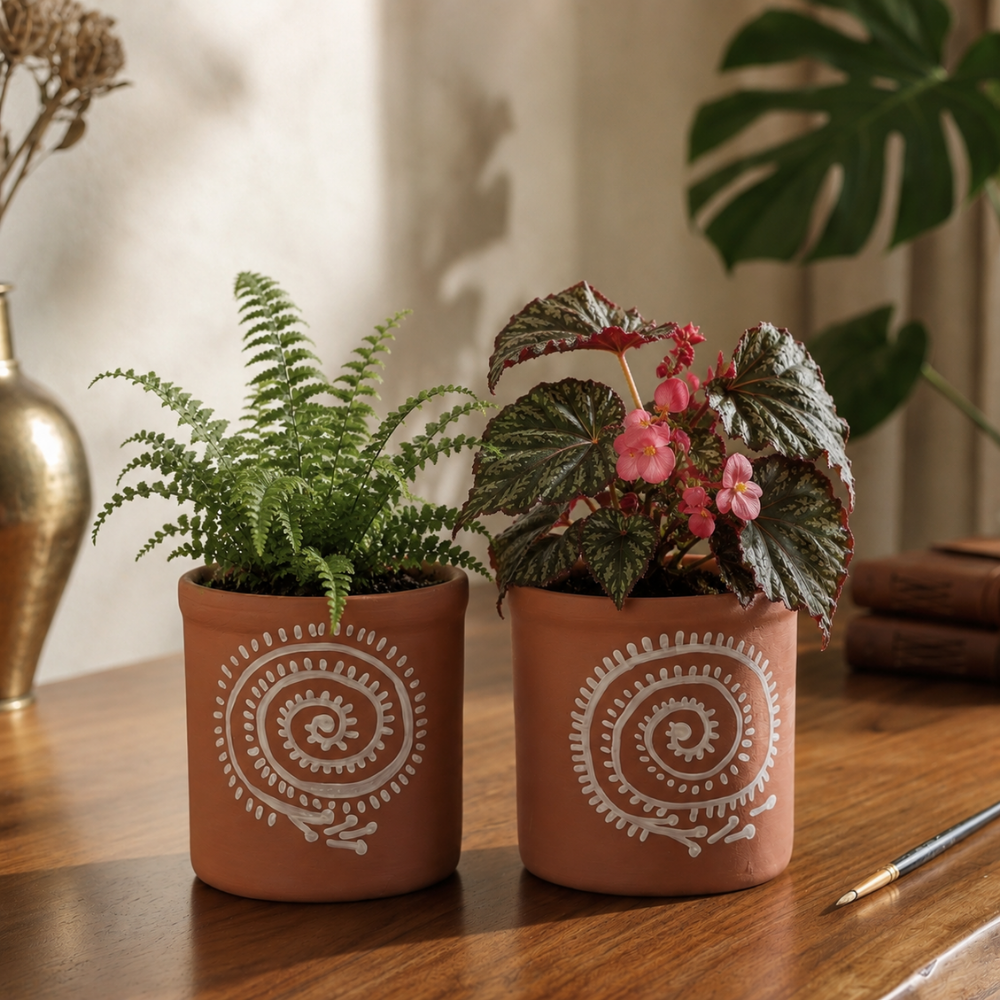 Handpainted terracotta planter set featuring a lush fern and colorful begonia plant, perfect as an indoor planter, handmade pot, small planter, and decorative small pot for home decor.