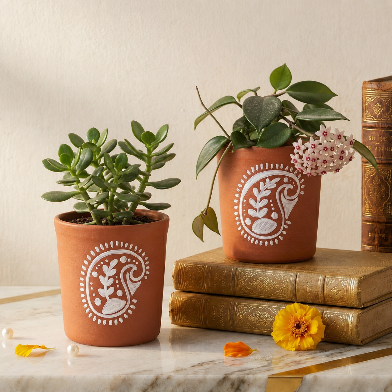 Elegant terracotta planter featuring a jade plant and flowering Hoya pubicalyx, designed as a handmade pot, handpainted planter, indoor planter, small planter, and decorative small pot.