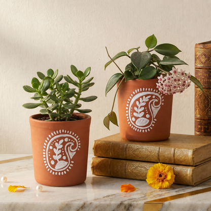 Elegant terracotta planter featuring a jade plant and flowering Hoya pubicalyx, designed as a handmade pot, handpainted planter, indoor planter, small planter, and decorative small pot.