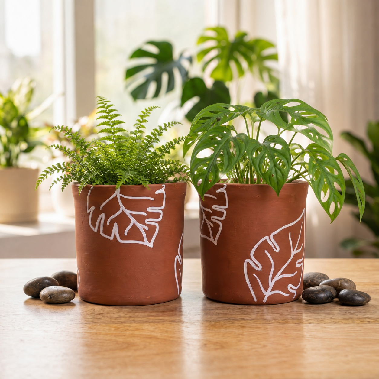 Two terracotta planters with leaf designs on a wooden surface, containing fern plant and Monstera adansonii plants.