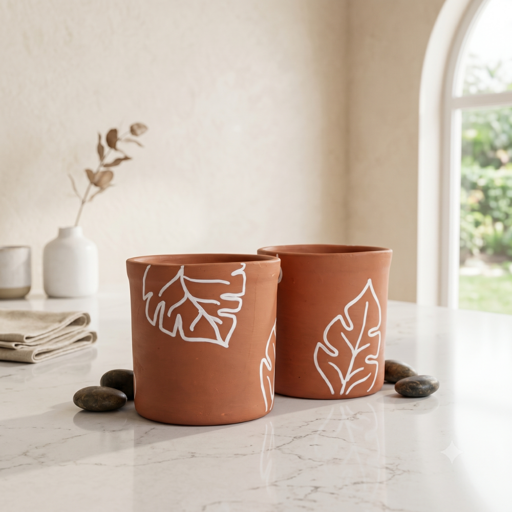 Handmade terracotta planter with white leaf artwork is ideal as an indoor planter, handpainted planter, small planter, and small pot for modern interiors.