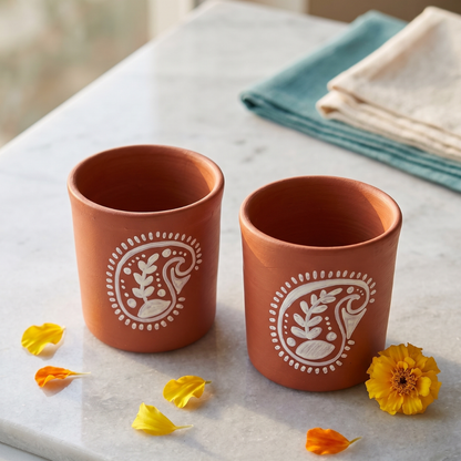 Two terracotta cups with white patterns gift for Ganesh Chaturthi, festival gift and gift for plant lover