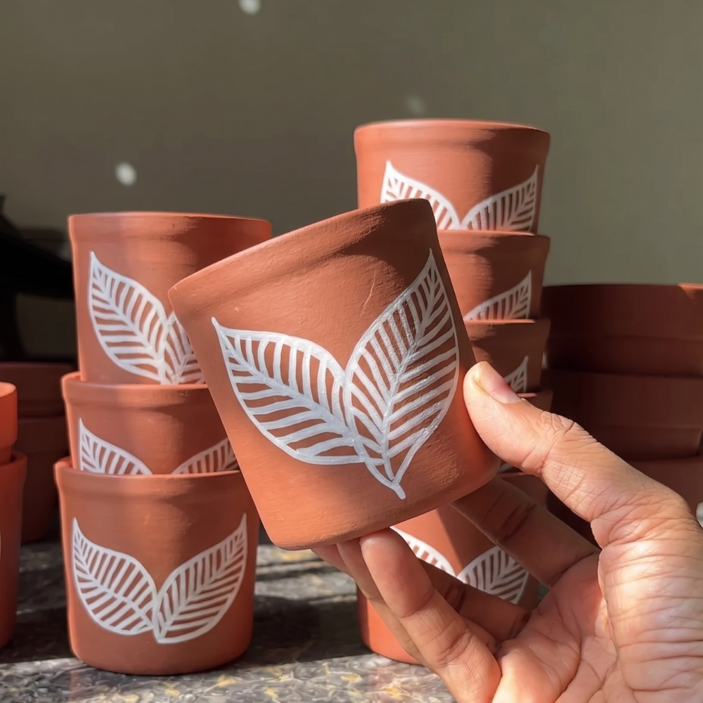Hand painted Terracotta 3.5 inch planter x 2